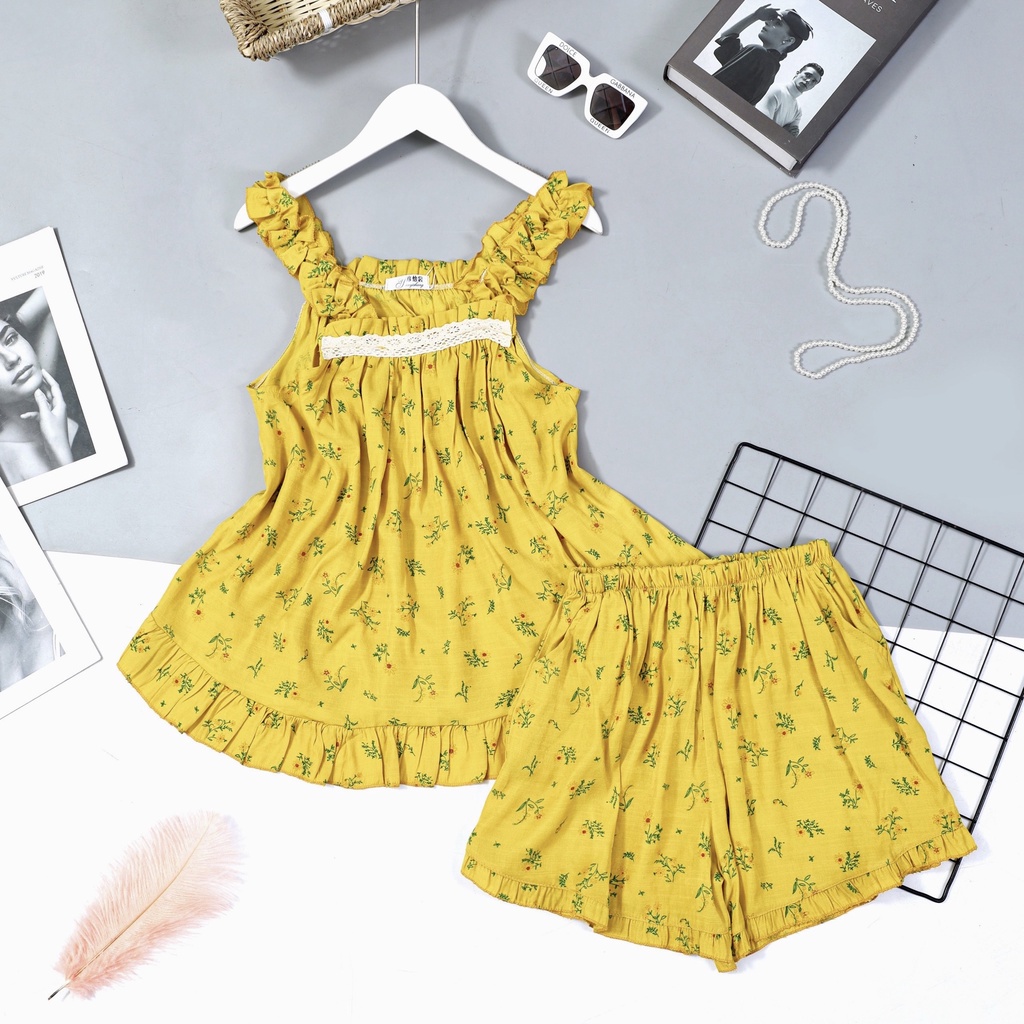 Đồ Bộ Mặc Nhà Nữ Đũi Đồ Ngủ Hai Dây Mùa Hè Dễ Thương Hoa Nhí Xinh Mát PINKBOUTIQUE 222