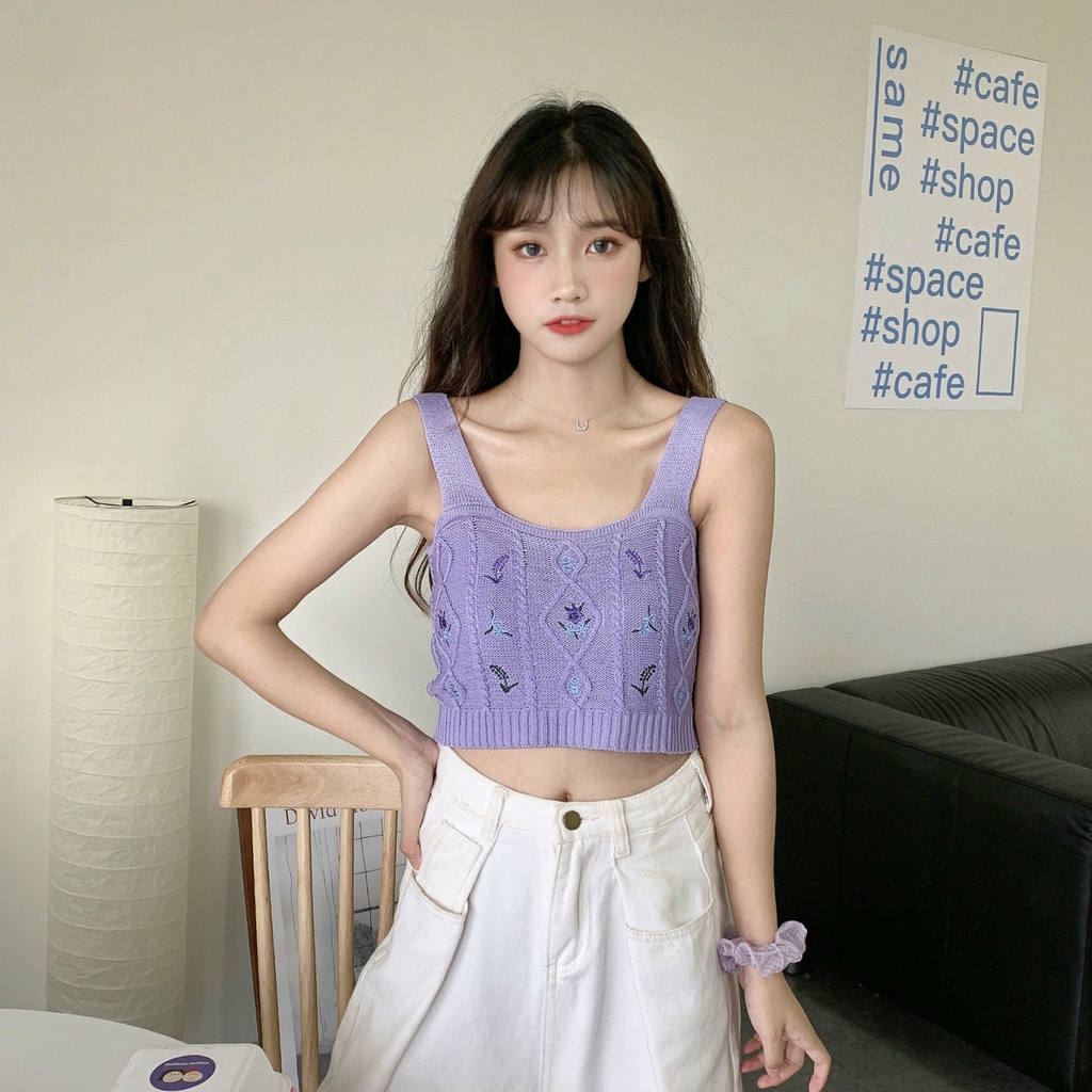 Áo Hai Dây Dệt Kim Thêu Họa Tiết Phong Cách Retro Hàn Quốc