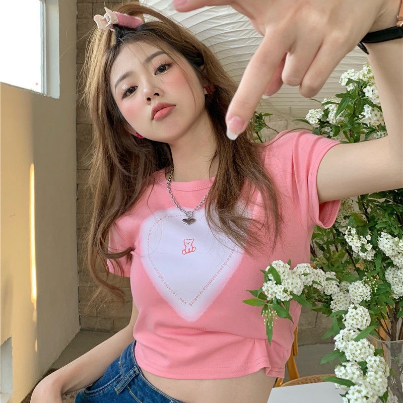 Áo Thun Ngắn Tay Dáng Ôm In Họa Tiết Trái Tim Xinh Xắn Kiểu Hàn Quốc COZOK
