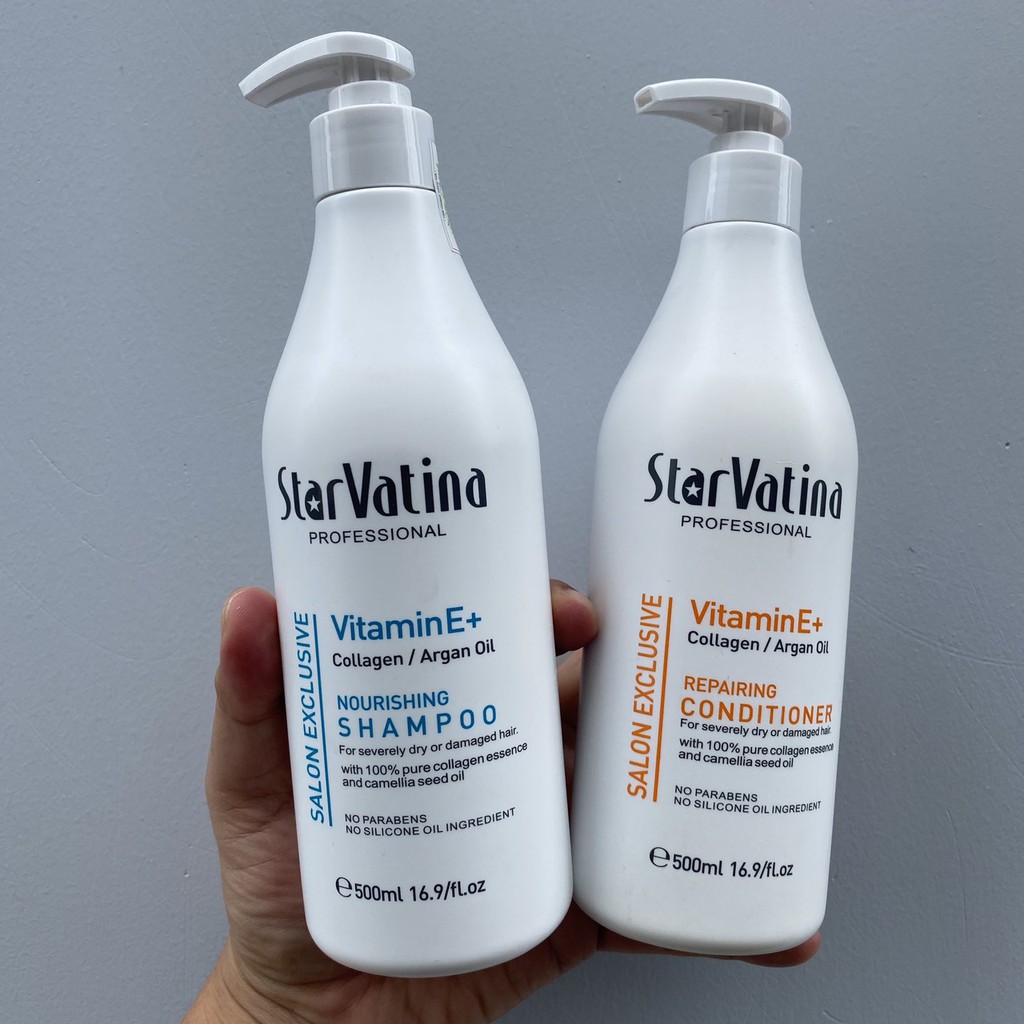 Dầu gội xả dưỡng sinh siêu tái tạo tóc hư tổn StarVatina Collagen Argan Oil Vitamin E+ 500mlx2