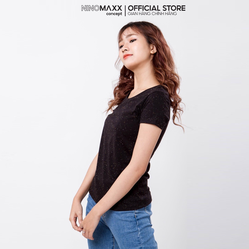 NINOMAXX Áo Thun Nữ ngắn tay cổ tròn màu đen trơn chất liệu thoáng mát co giãn 1801011