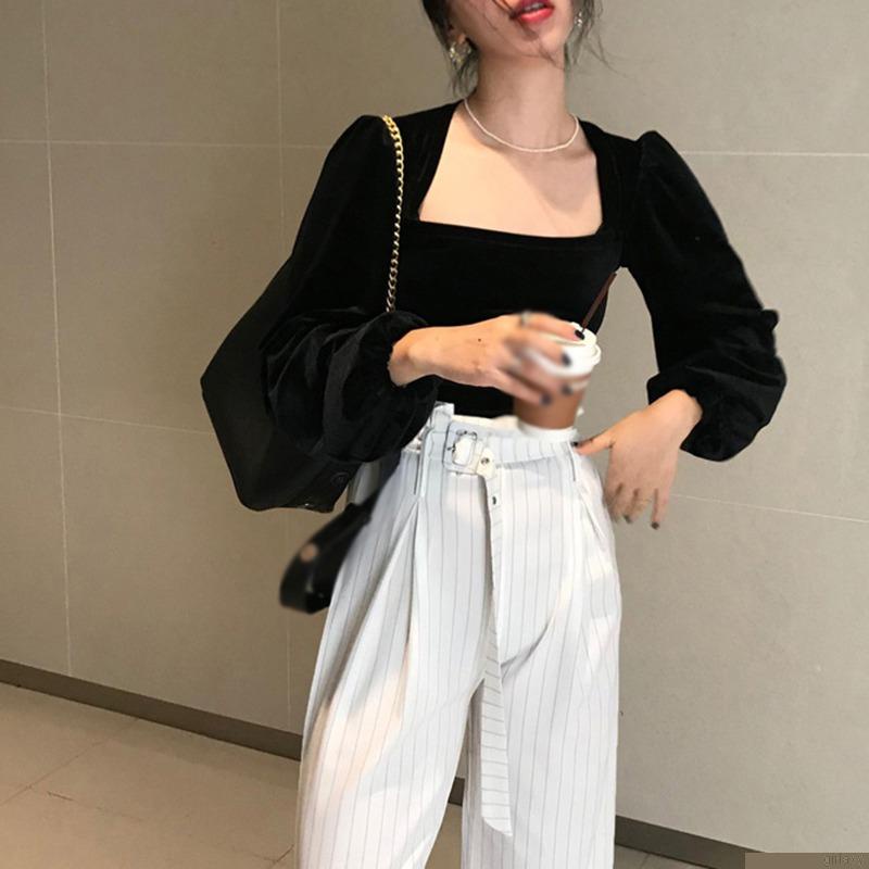 Áo thun tay dài cổ vuông màu sắc thanh lịch thời trang cho nữ