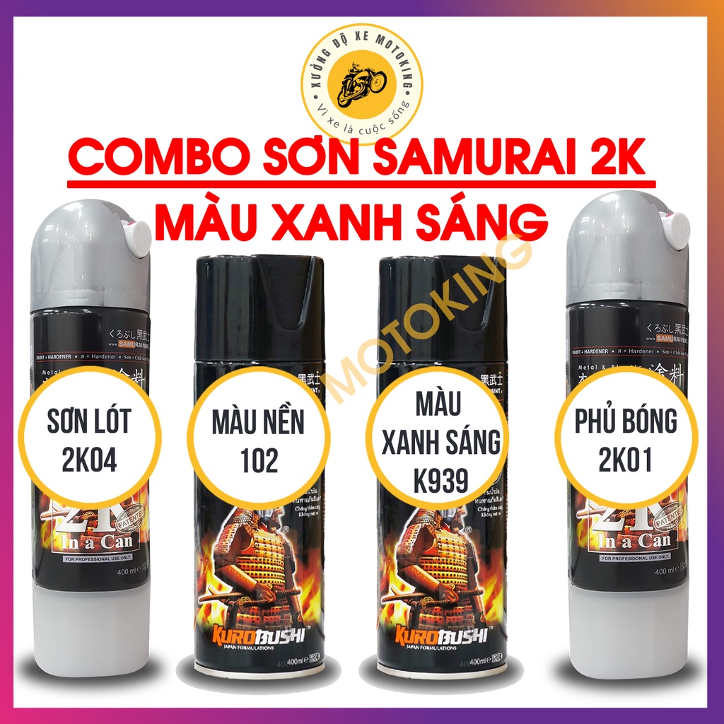 Combo Sơn Samurai màu xanh sáng kawasaki K939  loại 2K chuẩn quy trình độ bền 5 năm gồm 2K04 - 102 - K939 - 2K01