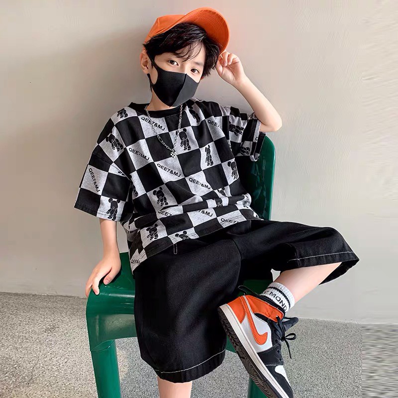 Đồ bộ bé trai Con Xinh cotton hình in Gấu ô vuông, quần áo dành cho trẻ em từ 14 đến 50kg