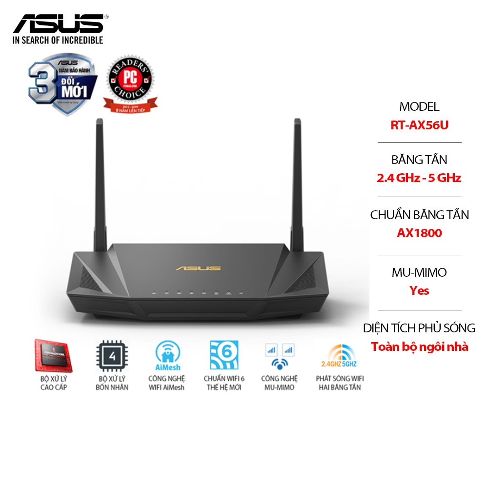 Bộ phát wifi router ASUS RT-AX56U Băng Tần Kép 2.4GHz/5GHz -Chính Hãng