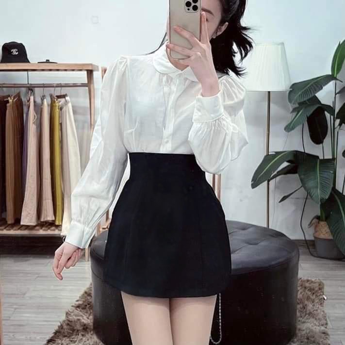 Chân váy ngắn chữ A lưng cao ôm dáng công sở màu nâu đen, Chân váy ngắn cạp cao cá tính phối đồ siêu đẹp