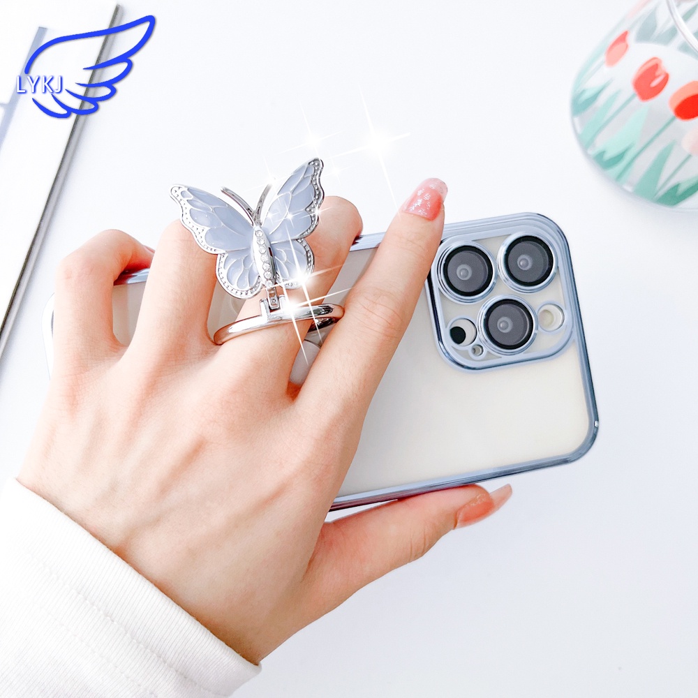 Ốp Điện Thoại tpu Mềm Trong Suốt Mạ Điện Họa Tiết Bướm Có Giá Đỡ Cho iPhone 11 12pro 13promax xsmax xs xr 7plus 8plus