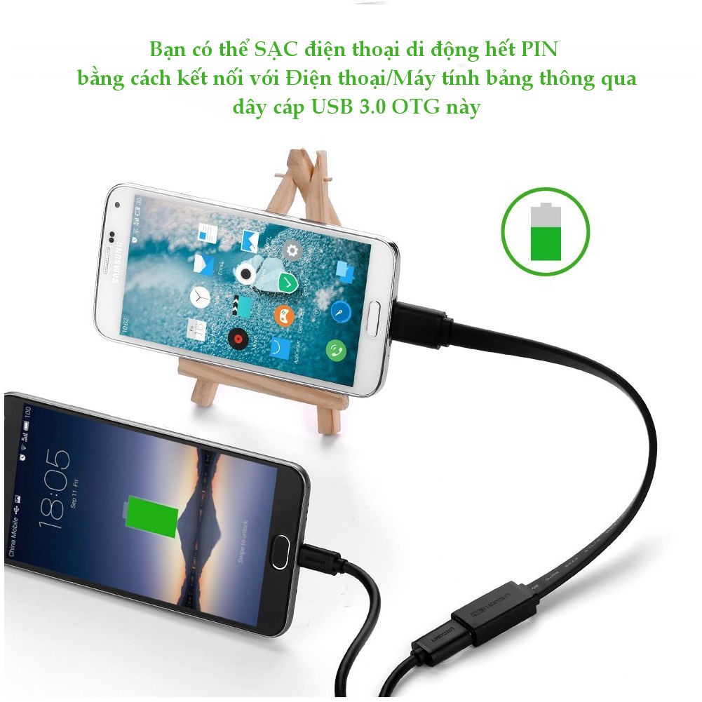 Dây Micro USB 3.0 OTG sang USB 3.0 dạng dẹt dài 20CM UGREEN US127 10801 (đen)