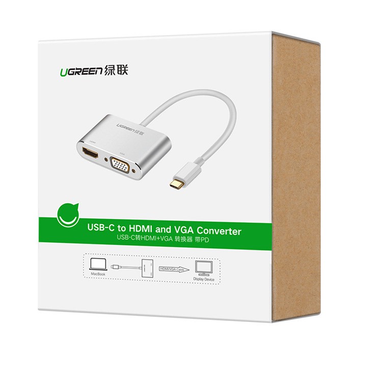 Bộ chuyển đổi USB type C sang HDMI + VGA vỏ nhôm dài 10cm UGREEN CM162