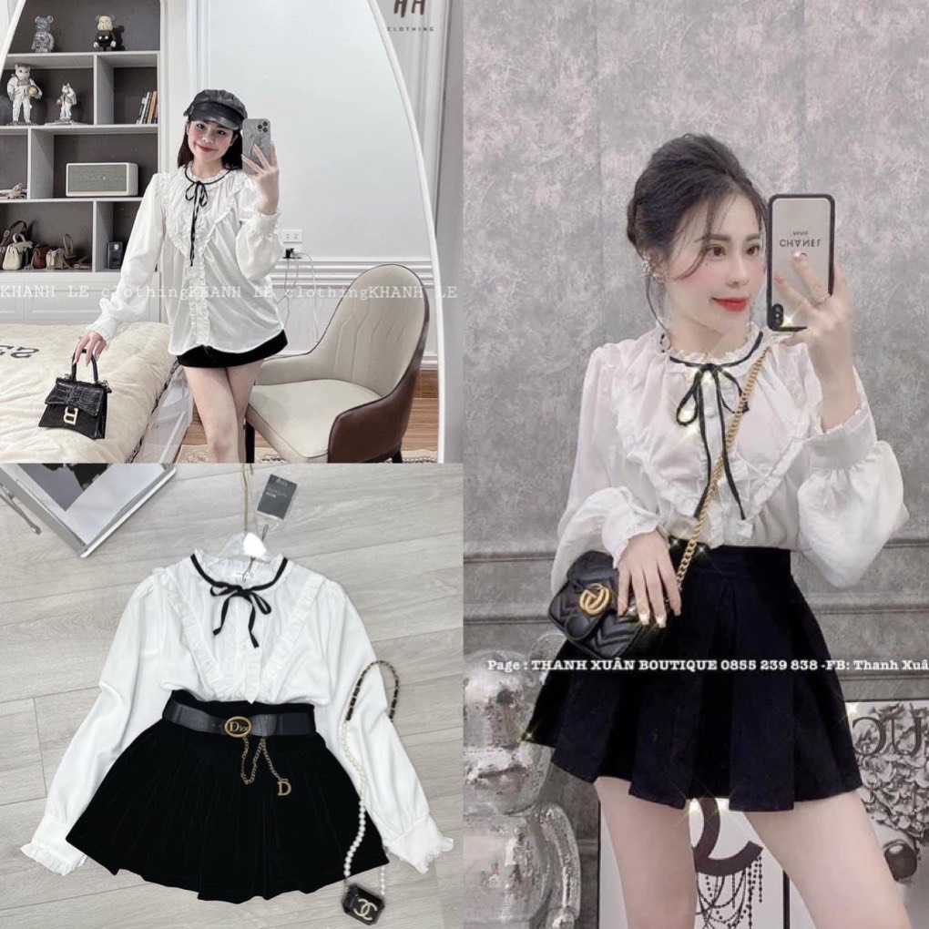 (ẢNH THẬT) Sét áo sơ mi tay bồng cổ nơ đen viền bèo kèm chân váy xếp li đen phong cách hàn quốc, TONGKHOQUANAONU