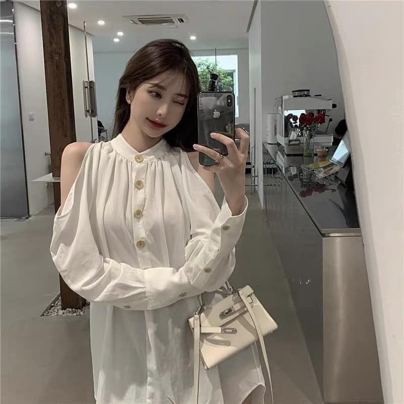 [Mã WASKT410K giảm 10K đơn 50K] Váy Sơ Mi Hở Vai Đũi Lụa Nhăn Cao Cấp | BigBuy360 - bigbuy360.vn