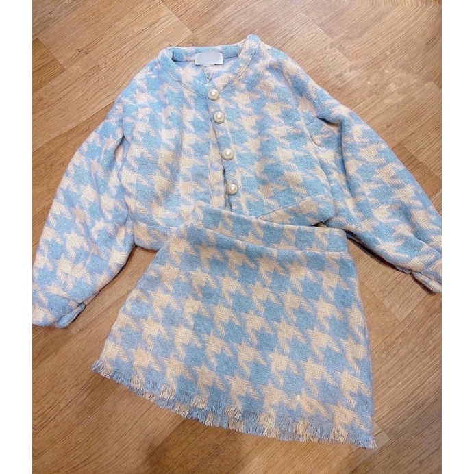 SET DẠ CARO XANH ÁO NÚT CHÂN VÁY