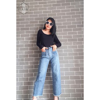 Quần jean nữ ống rộng lưng cao 4 túi trẻ trung basic co giãn tôn dáng dưới 55kg