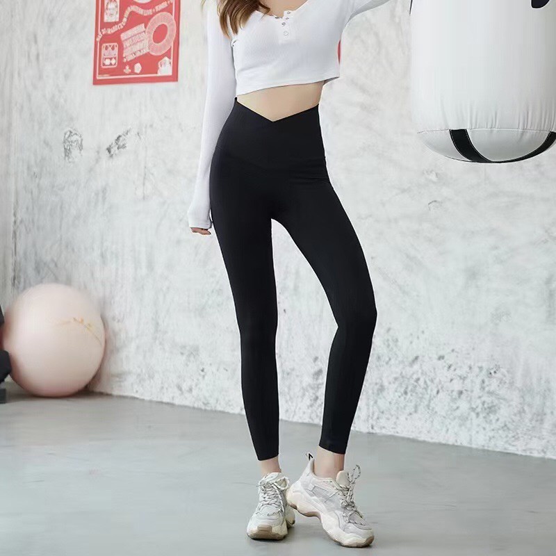 Quần legging nữ cạp cao gen bụng cạp vạt chéo vải umi co giãn nâng mông dáng thể thao tập gym yoga ROSA BOUTIQUE