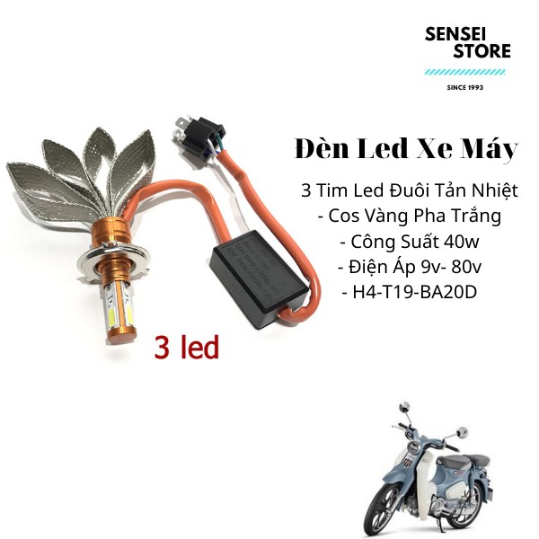 Đèn Pha Led BA20D 3 Tim+ 2Tim H4 T19 Siêu Sáng, Đèn Led Đuôi Cong Tản Nhiệt Gắn Cho Xe Ga Xe Số