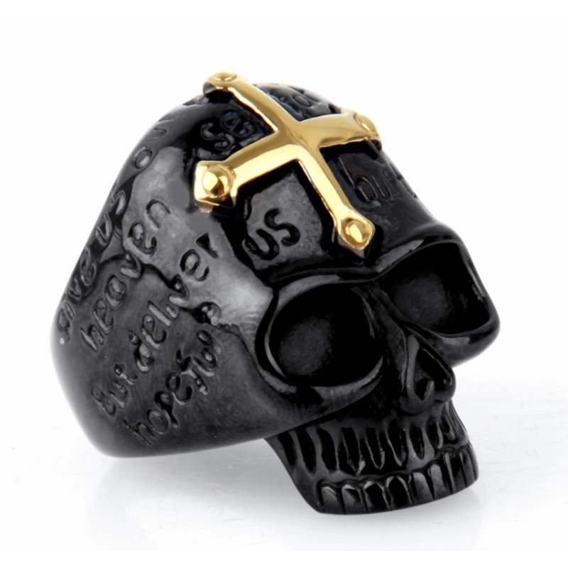 Nhẫn thép titan không gỉ hình đầu lâu thánh giá màu đen vàng phong cách gothic thời trang cho nam