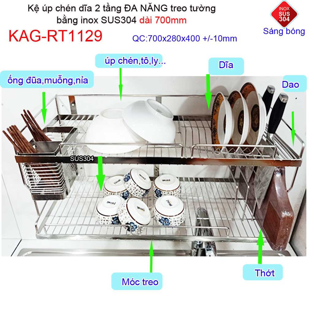 Kệ chén dĩa 7T inox 304, kệ úp chén dĩa inox KAG-RT1129