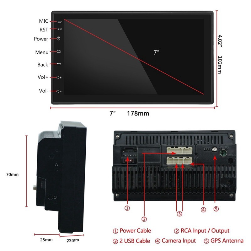 Đầu DVD Android RAM 2G Cho Ô Tô Tích Hợp GPS Chỉ Đường, Xem Camera Lùi - Màn Hình 7 inch Full HD Kính Cường Lực IPS 2.5D