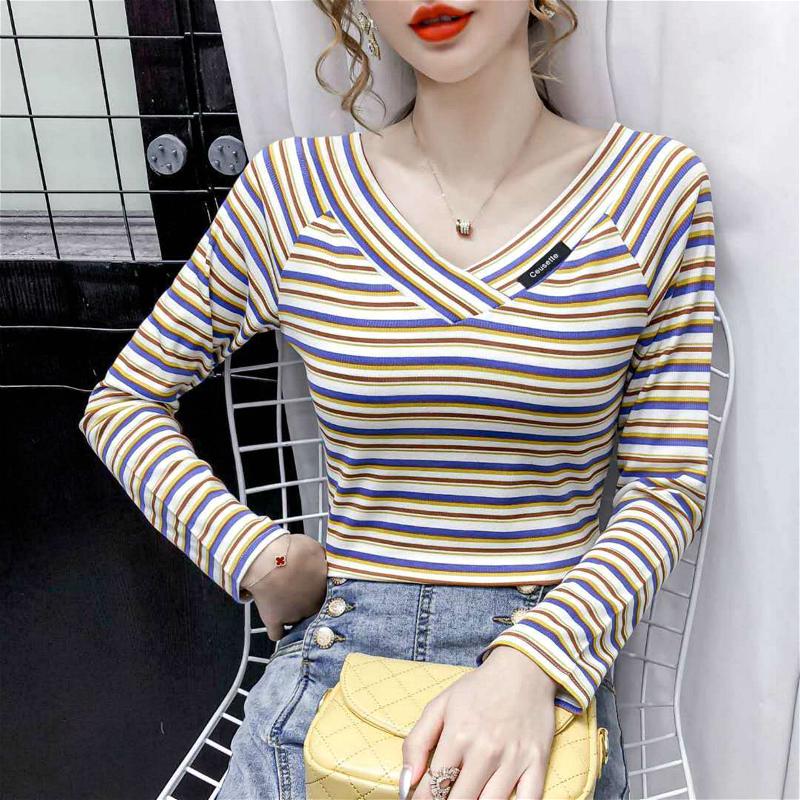 Áo Thun Tay Dài Cổ Chữ V Kẻ Sọc Thời Trang Mùa Thu Cho Nữ