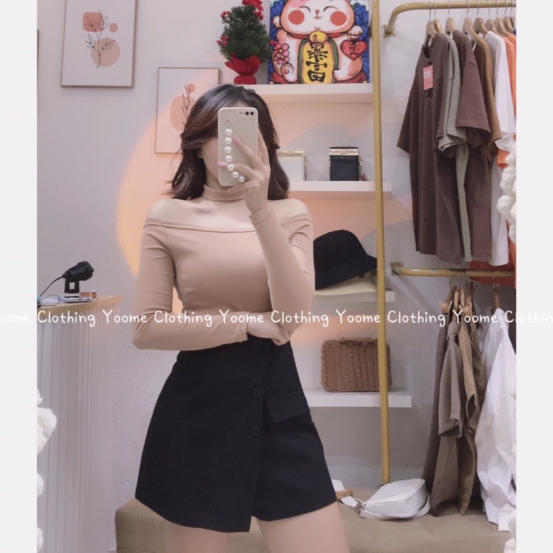Áo trễ vai tay dài cổ choker tháo rời chất cottonzip dày dặn co giãn đa chiều Yoomeclothing ( ảnh thật tại shop )
