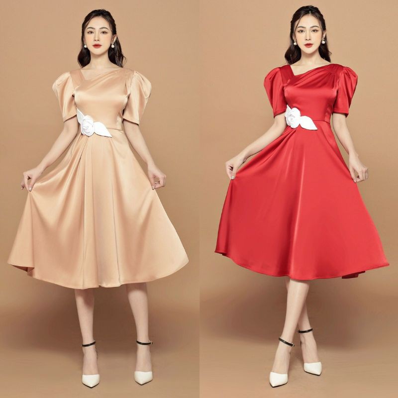 Đầm xoè đính hoa thiết kế cao cấp (đầm dự tiệc cao cấp) tặng hoa tai thời trang xinh xắn