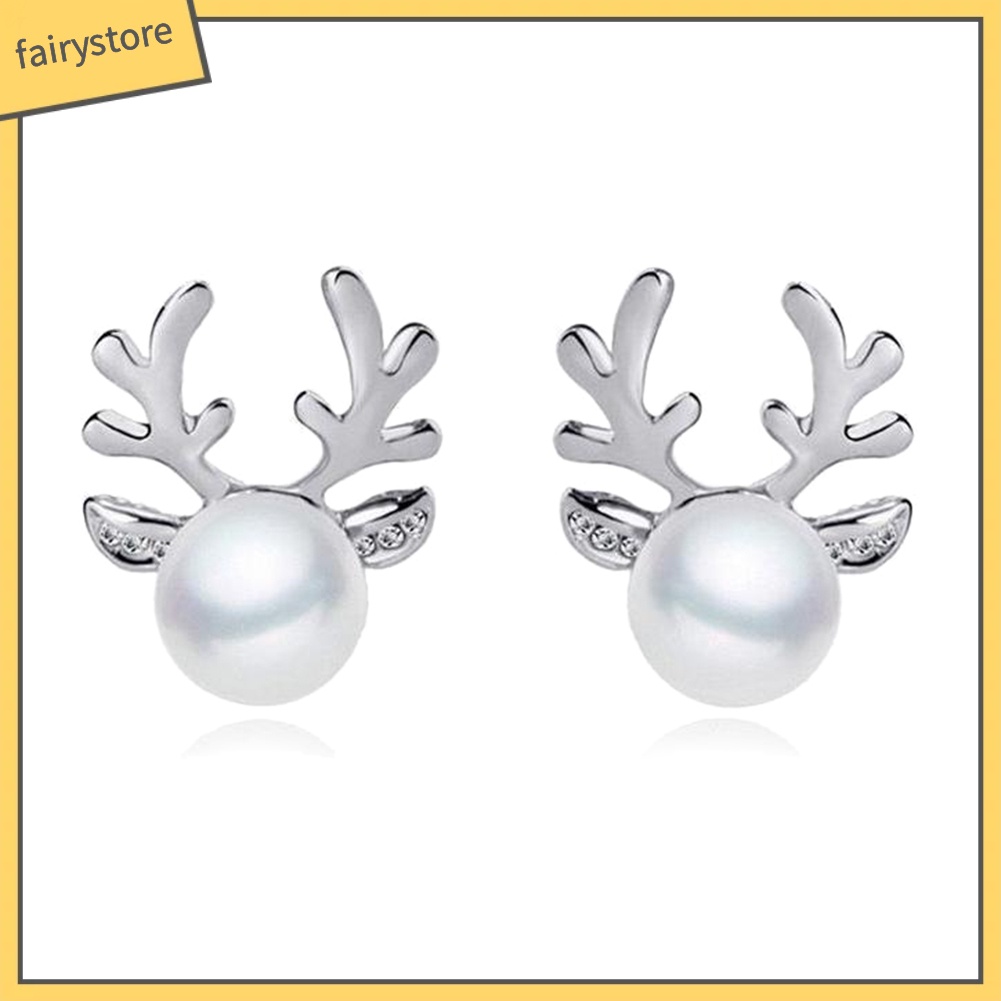 Bộ Dây Chuyền + Bông Tai Hình Sừng Hươu Đính Ngọc Trai Giả Cho Nữ