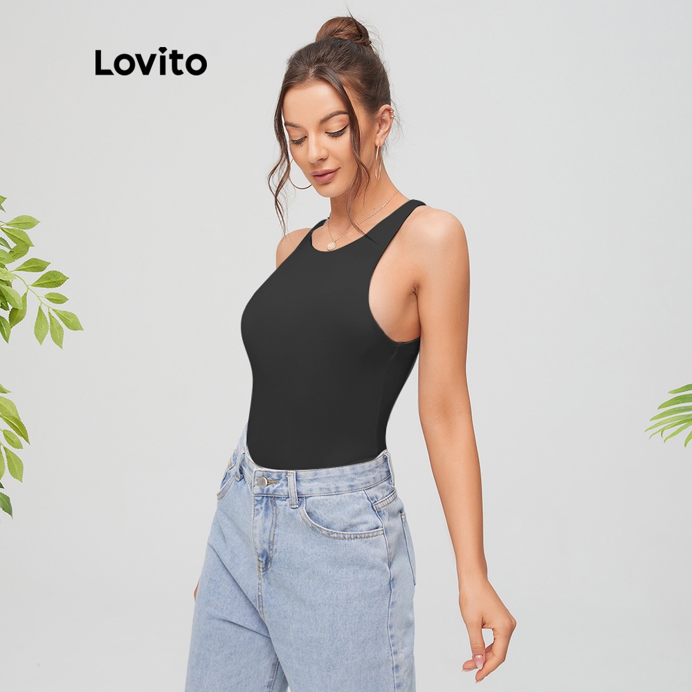Bộ áo liền quần cổ tròn hở vai Lovito màu trơn L11058 | BigBuy360 - bigbuy360.vn