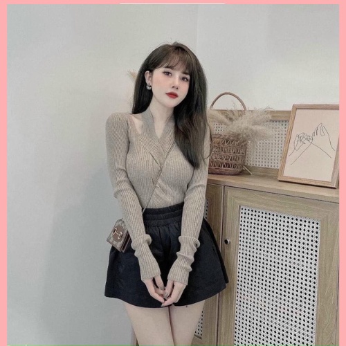 áo len xoắn khoét vai tay dài chất len co giãn siêu đẹp lên dáng siêu điệu đà - áo thu đông nữ