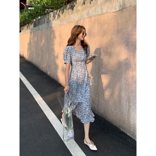Women's Floral Printed Long Dress V Neck Short Ruff Sleeve High Waist Slim Style Mermaids Dress for Summer