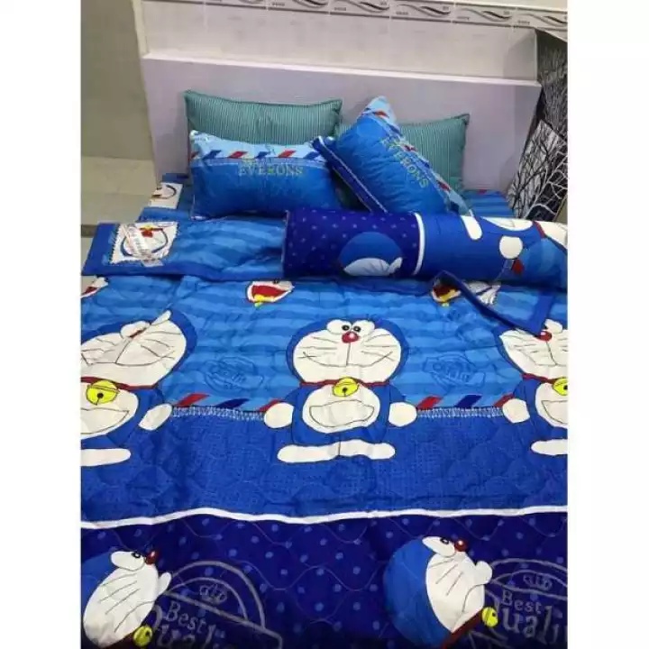 Set 5 Món Doremon Chăn Ga gối Poly Cotton 1m6 x 2m x 10cm