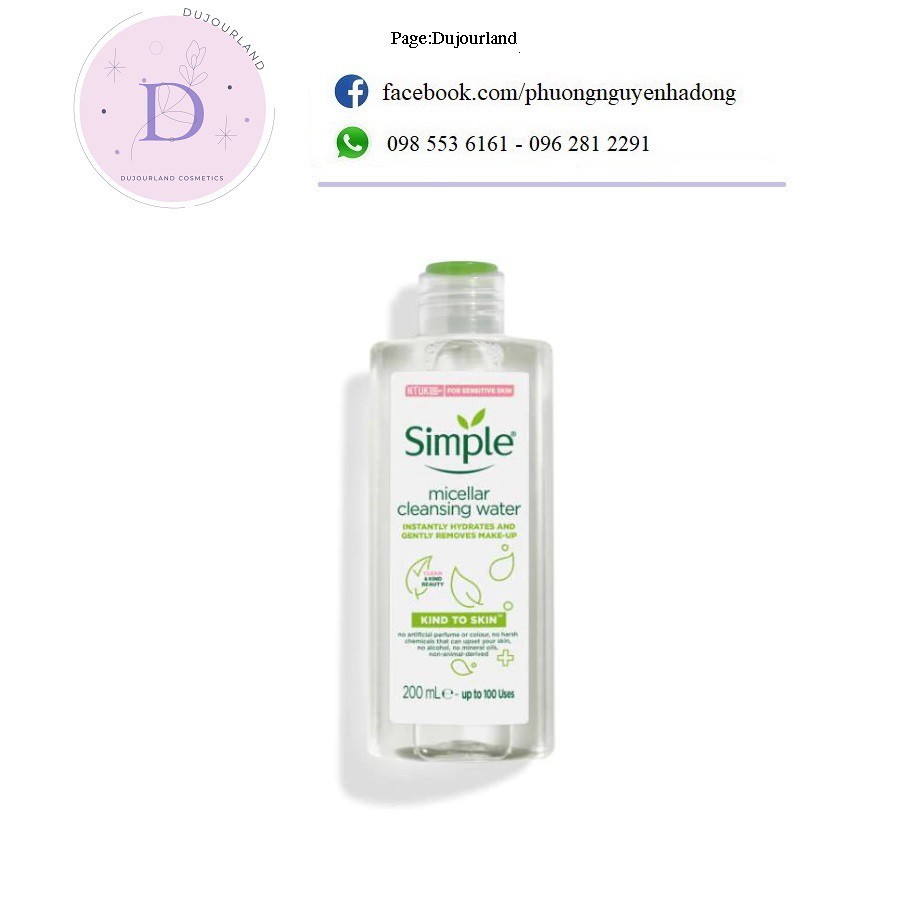 ( Mẫu Mới)Nước tẩy trang Simple Kind To Skin Micellar Cleansing Water 200ml