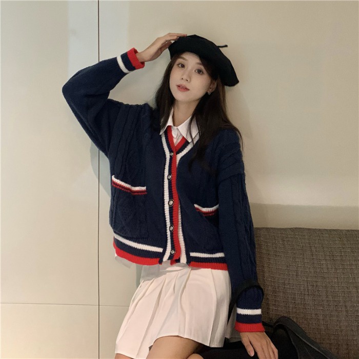 Order 7-10 ngày Áo len dệt kim dài tay cổ chữ v màu tương phản phụ nữ mặc ngoài áo cardigan