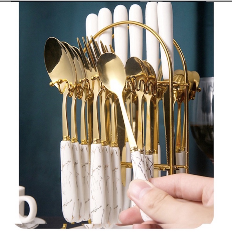 Bộ dĩa thìa inox mạ vàng cán sứ vân đá 24 món sang trọng