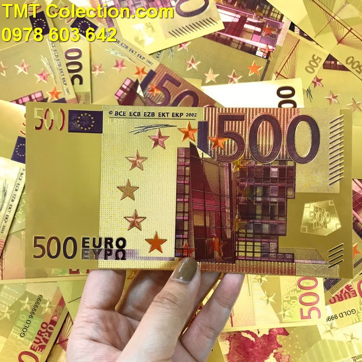 Tiền 500 EURO mạ vàng; Tờ tiền màu vàng ánh kim sáng bóng; Dài 16cm, rộng 8cm- SP000146