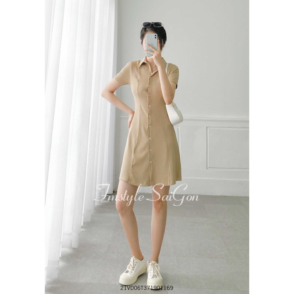 Đầm thun tay ngắn cổ bẻ nẹp nút ulzzang thời trang nữ Fmstyle Saigon 21VD06T371901 | BigBuy360 - bigbuy360.vn