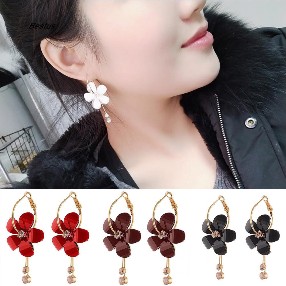 Hoa Tai Dáng Dài Hình Hoa Trà Đính Đá Phối Tua Rua Thời Trang Hàn Quốc Dành Cho Nữ