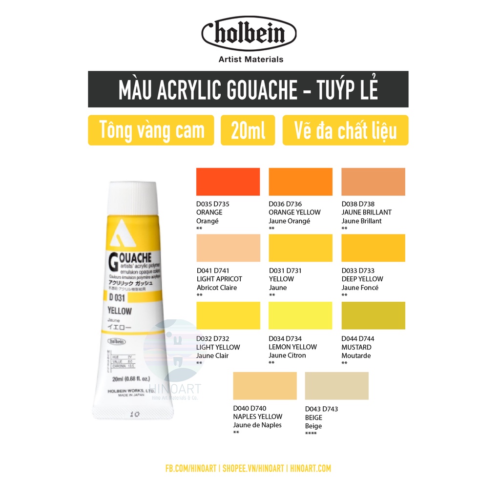 [ Tông Vàng Cam ] Màu vẽ Acrylic Gouache Holbein tuýp 20ml