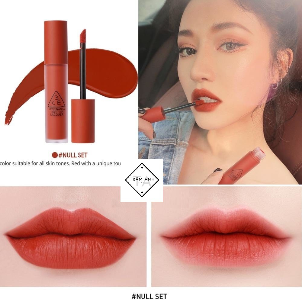 Son kem 3CE Soft Lip Lacquer Null Set - Đỏ gạch rất tôn da và trendy.