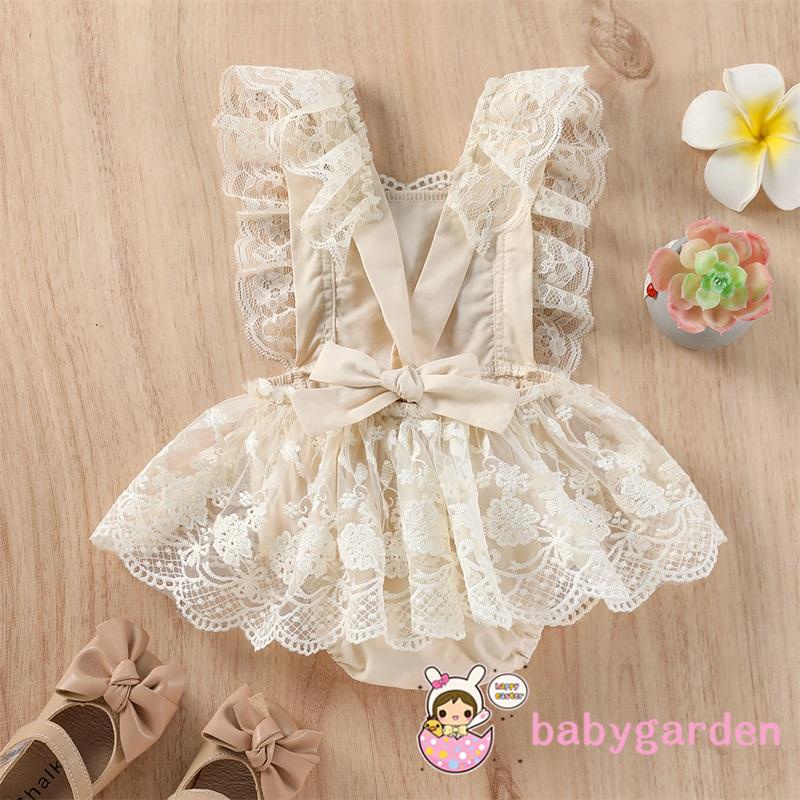BABYGARDEN 0-24months Baby Girls Summer Romper, Plain Floral Lace Embroidery Skirt Layered Adjustable Straps One-Piece,