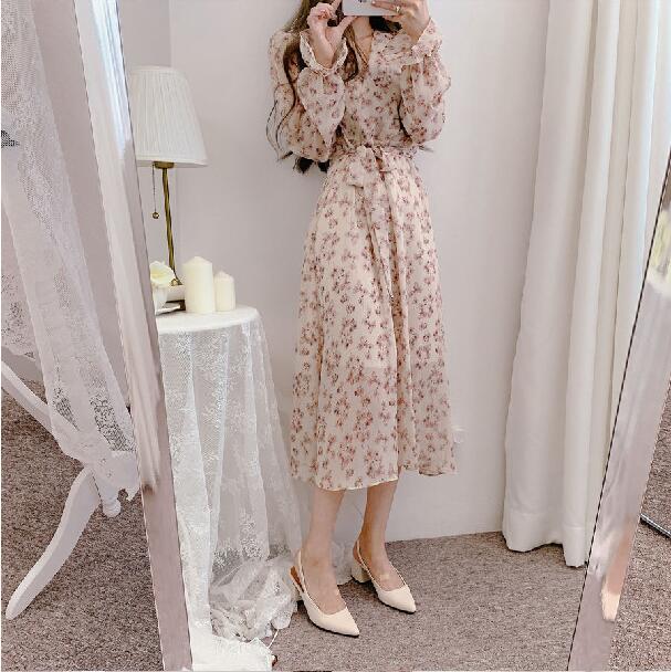 Đầm voan hoa SUXI tay dài cổ chữ v phong cách hàn quốc cho nữ