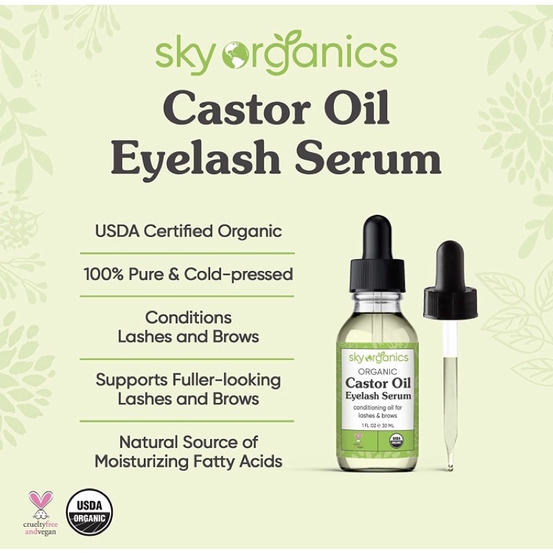 Serum dưỡng mi dầu thầu hữu cơ Sky Organics Castor Oil 30ml USA