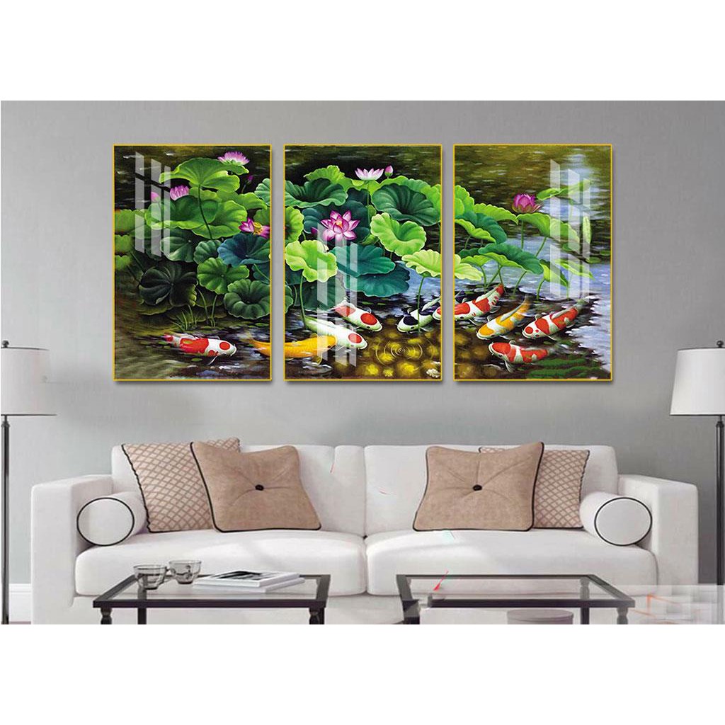 Bộ 3 Tranh Tráng Gương Treo tường Phong Thuỷ Hoa Sen, Liên Hoa Trước Gió