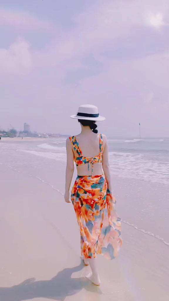 Bikini set 3 món# Đồ bơi đi biển hoa cam kèm khăn mẫu mới BM-118 | BigBuy360 - bigbuy360.vn