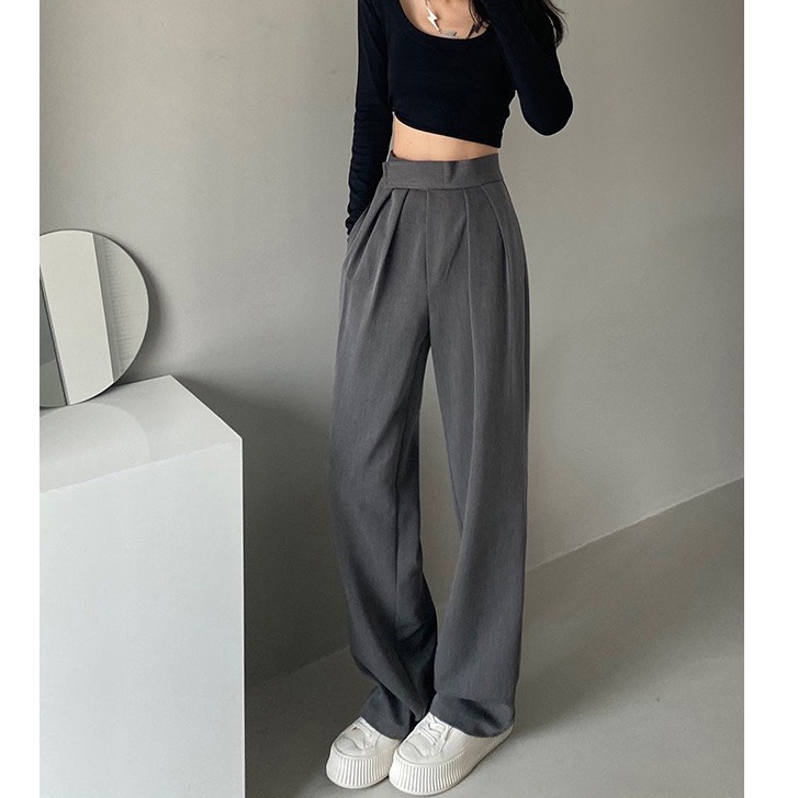 Quần tây ống rộng nữ cạp Dán lưng cao dáng dài chất vải màu đen dày dặn Quần tây nữ lưng cao đi học ống suông rộng đứng