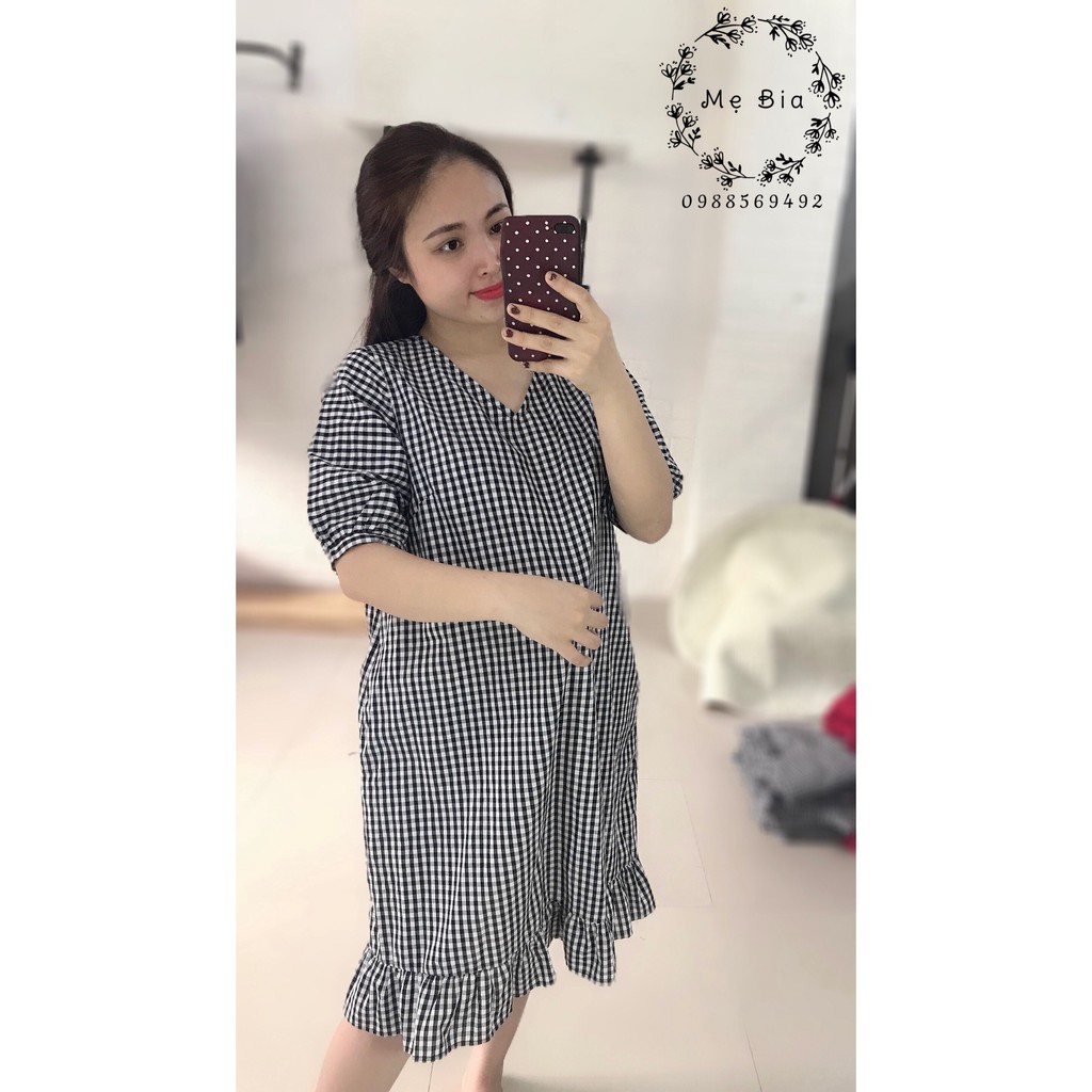 Đầm Bầu Công Sở - Váy Bầu GUME Kẻ caro đen đuôi cá nhẹ cổ V tay lõ chất vải thô cottob mềm size từ 40-100kg- MB71
