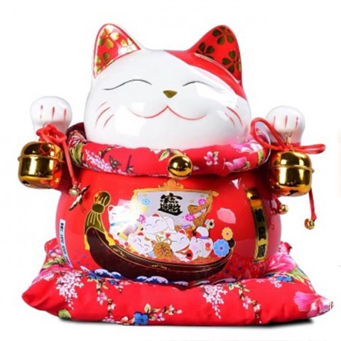 Mèo thần tài Đa Phú Quý màu đỏ 25cm giơ 2 tay chuông vàng tài lộc gốm sứ Maneki neko