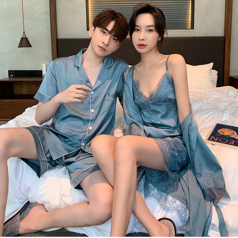 ☃▧✸2021 cặp đôi pyjama mùa xuân và hè ngắn tay nam nữ sling gợi cảm giả lụa băng áo ngủ hai mảnh
