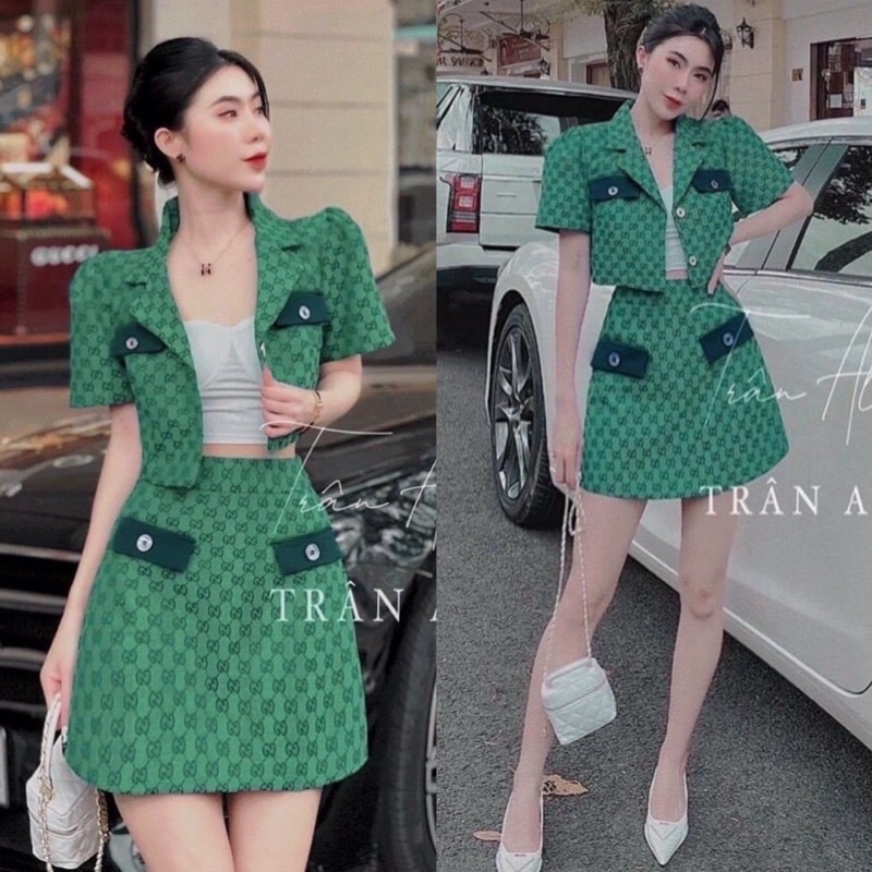 Set bộ gucci 2 món áo vest croptop kèm chân váy kaki ngắn xanh dương/lá hồng nâu - thời trang đi chơi dự tiệc sang trọng