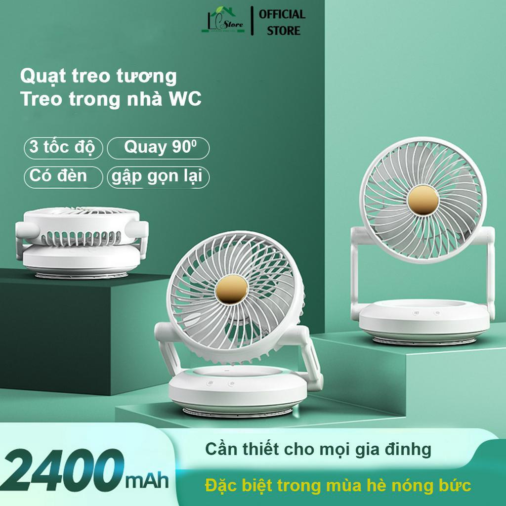 Quạt tích điện treo tường Lochi gấp gọn tự động xoay - Treo nhà vệ sinh Pin 2400mAh
