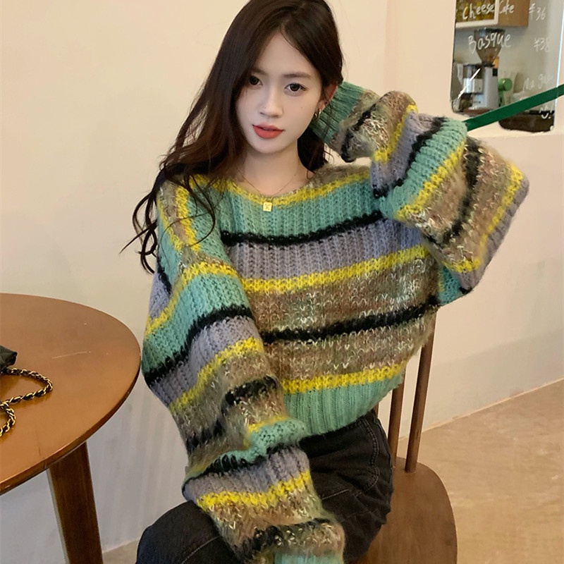 Áo Dệt Kim Tay Dài Kẻ Sọc Màu Tương Phản Thời Trang Mùa Thu Dễ Phối Đồ Cho Nữ